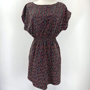 One Clothing Geometric Print Mini Dress Black Red Smocked Waist Zipper Pockets M